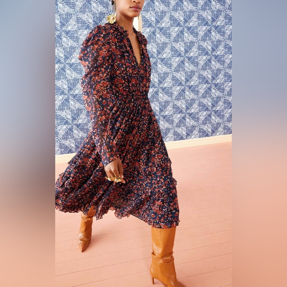 Ulla Johnson Beatrice Dress Cosmos Floral Metallic Long Sleeve Dress Navy Size 0